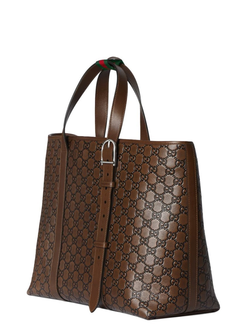 Gucci Emblem-Patterned Calf Leather Tote Bag