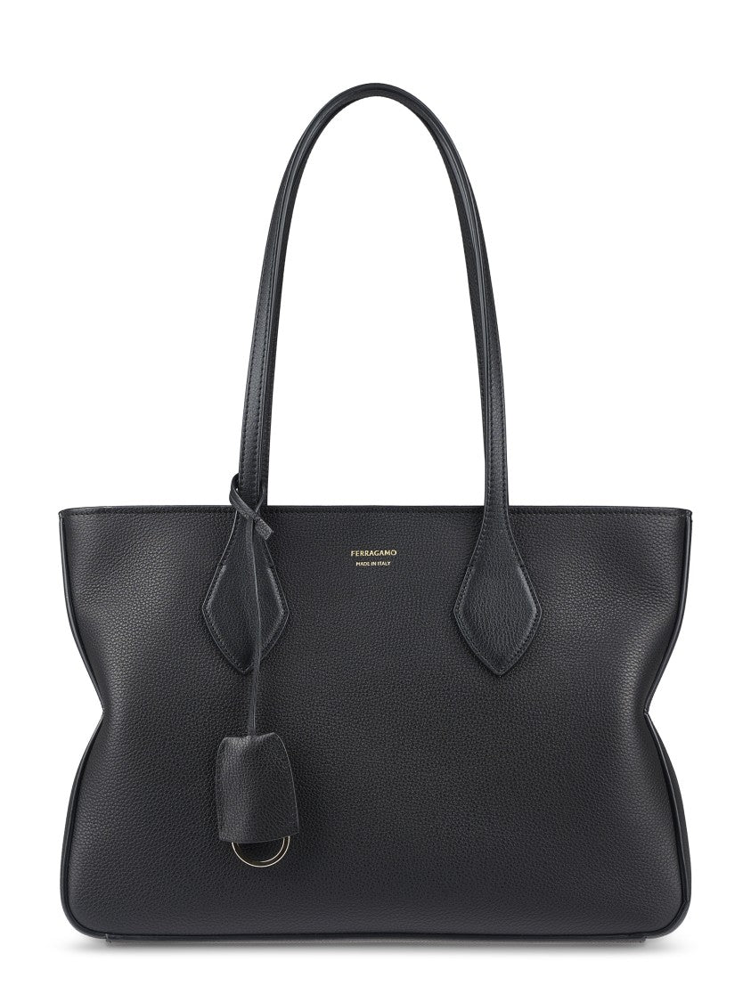 Ferragamo Structured Black Calfskin Handbag With Detachable Charm