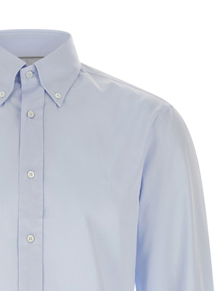 Brunello Cucinelli Tailored Blue Cotton Button-Down Shirt With Cuffed Sleeves