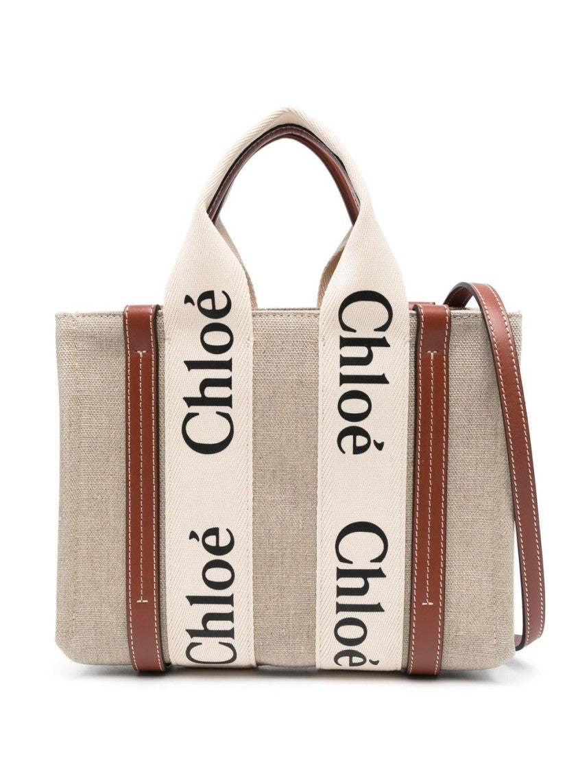 Chloé Beige Woody Small Linen Tote Bag