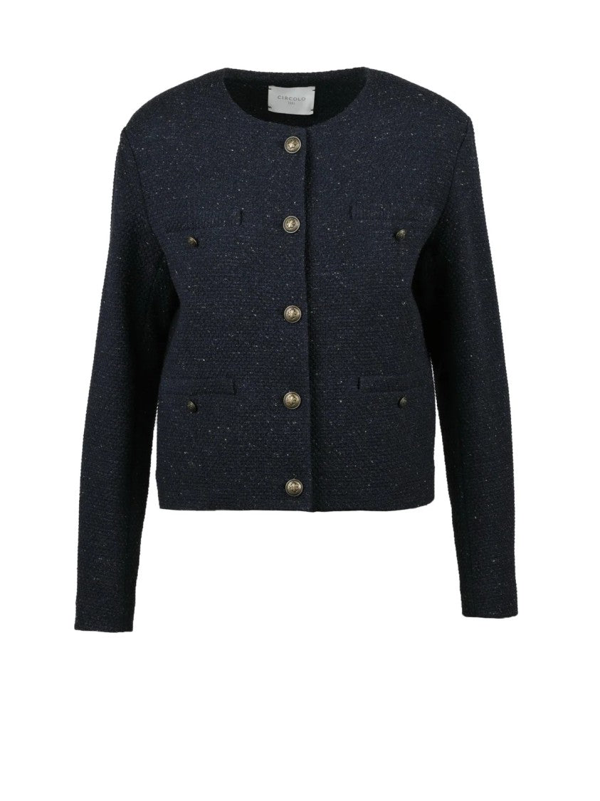 Circolo 1901 Cropped Crew Neck Jacket In Textured Mixed Wool