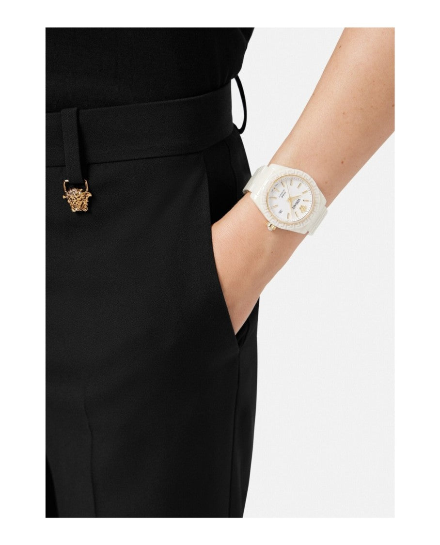 Versace Three-Hand Date Automatic Watch With White Ceramic Case