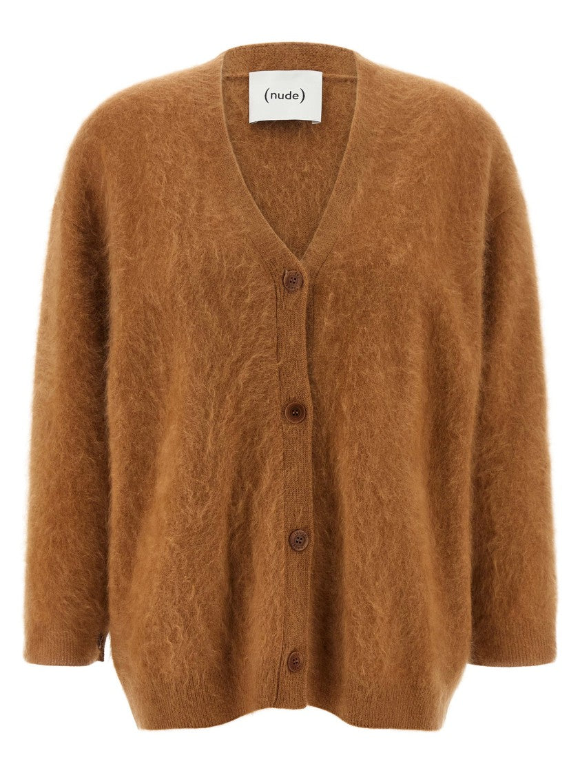 Nude Brown Long-Haired Cashmere Cardigan With V-Neck