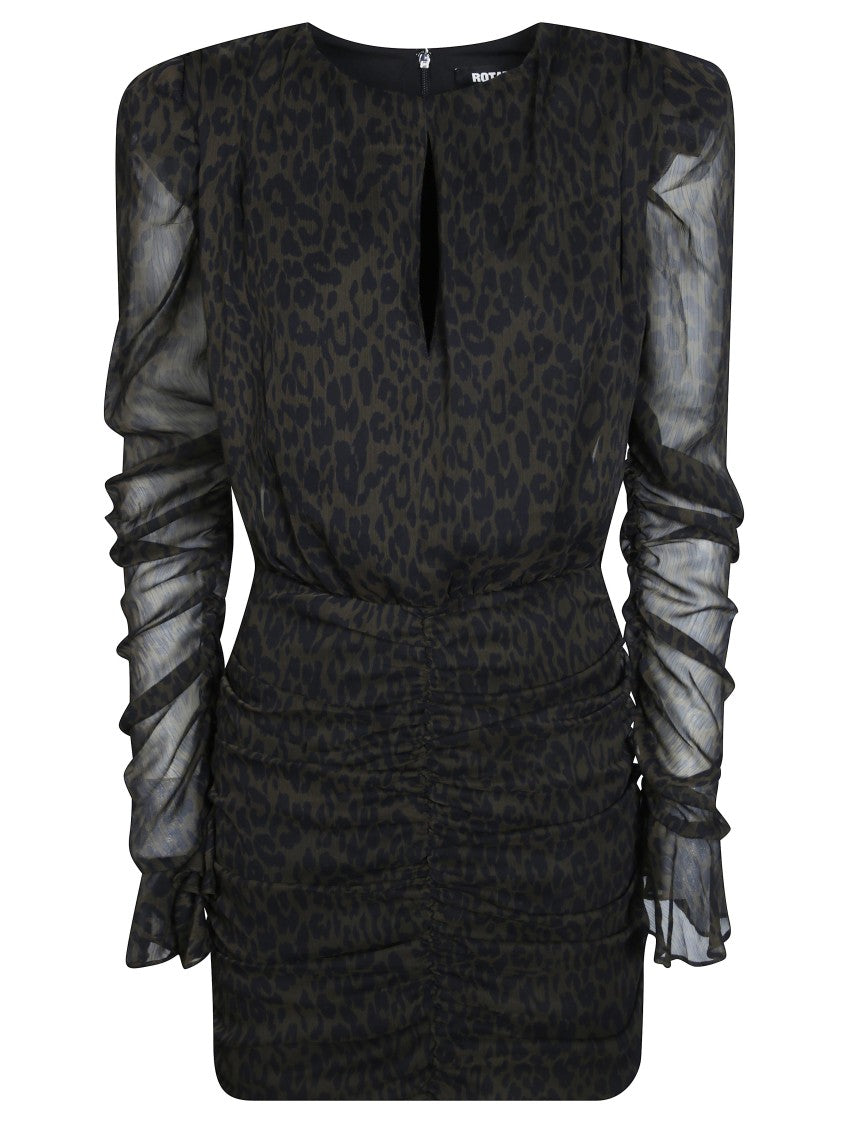 Rotate Ruched Flower Keyhole Sheer Sleeve Mini Dress