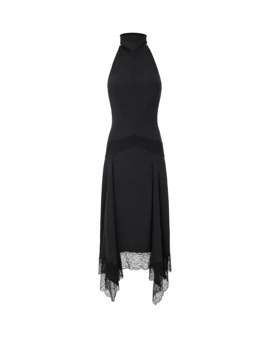 The Andamane Black Halter Neckline Lace Insert Cupro Maxi Dress