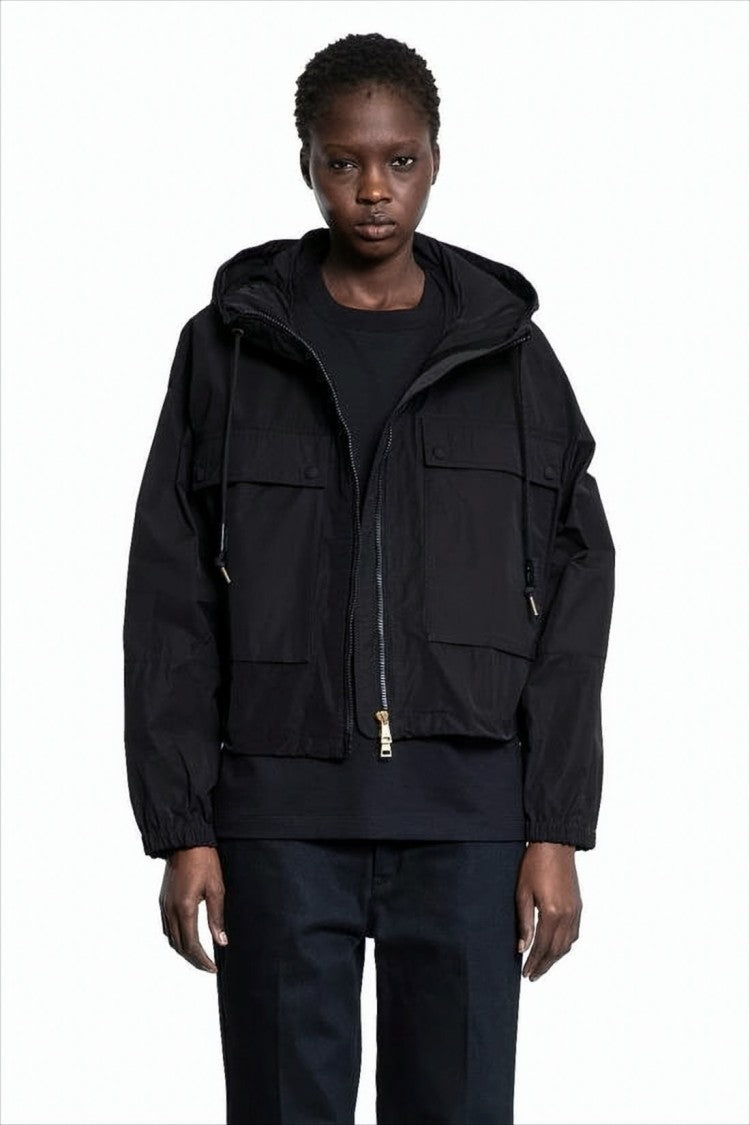 Moncler Cropped Black Jacket With Hood And Relaxed Cuffs