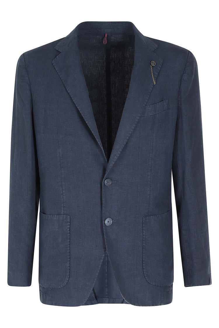 Santaniello Blue Ruched Linen Single-Breasted Blazer