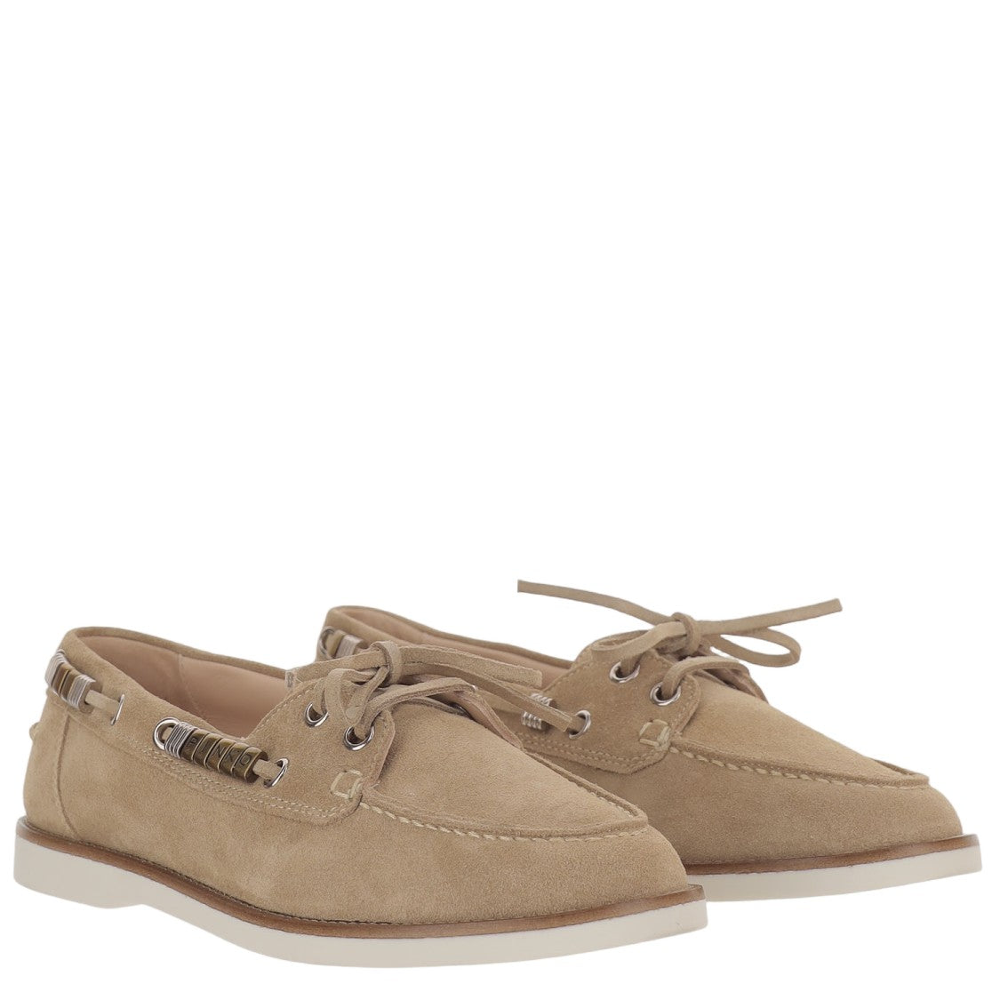 Pinko Beige Leather Loafers With Metal Eyelet Detailing