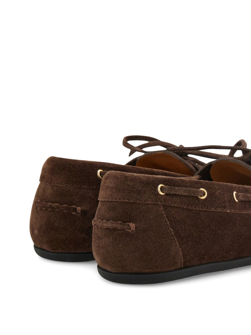 Ferragamo Moccasin-Inspired Brown Suede Flats With Gold-Tone Eyelets