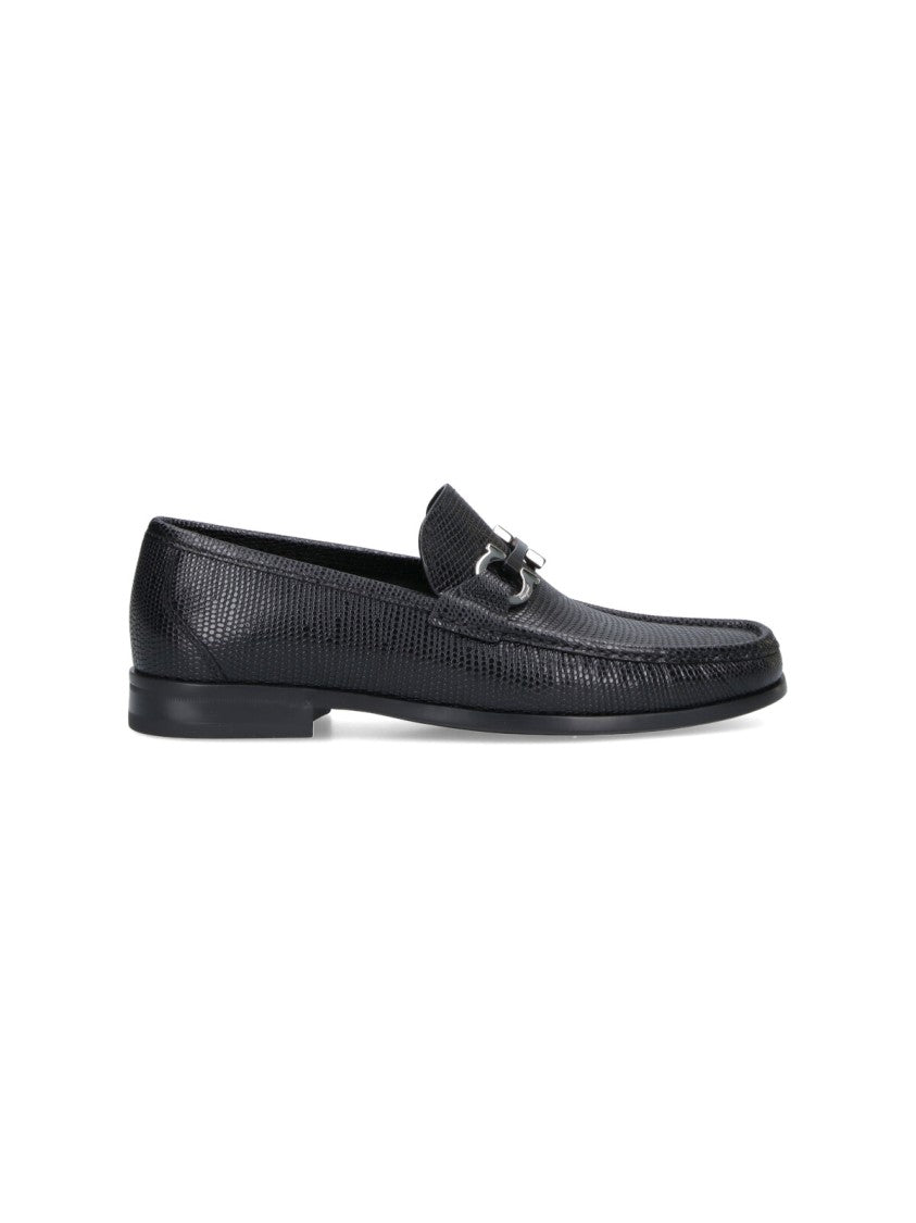 Ferragamo Textured Black Leather Loafers With Metallic Bit Detail