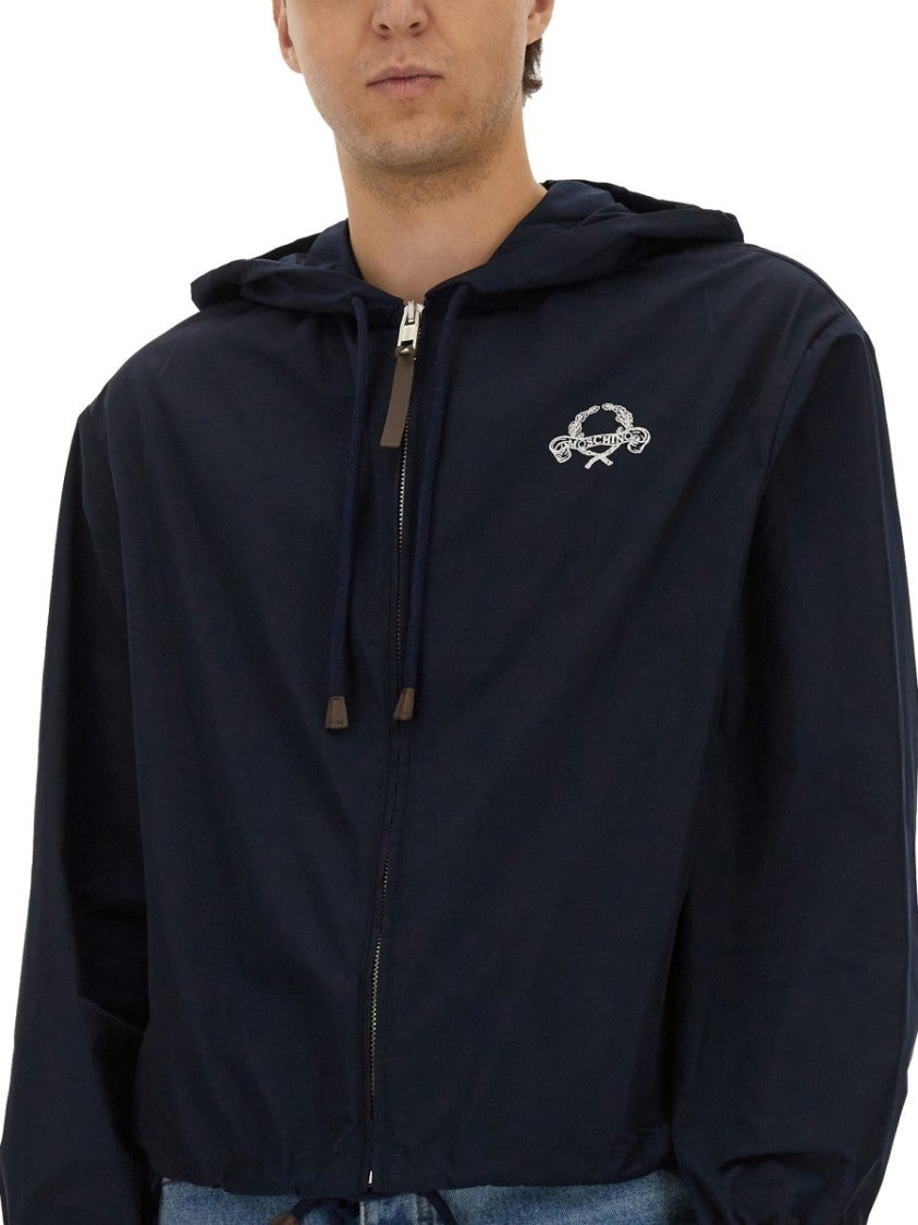 Moschino Hooded Blue Nylon Jacket With Adjustable Hem