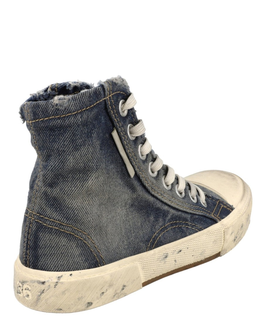 Balenciaga Faded Denim High-Top Sneakers With Frayed Trim And Distressed Sole