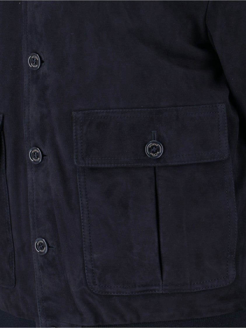 Valstar Navy Suede Bomber Jacket With Padded Design And Flap Pockets