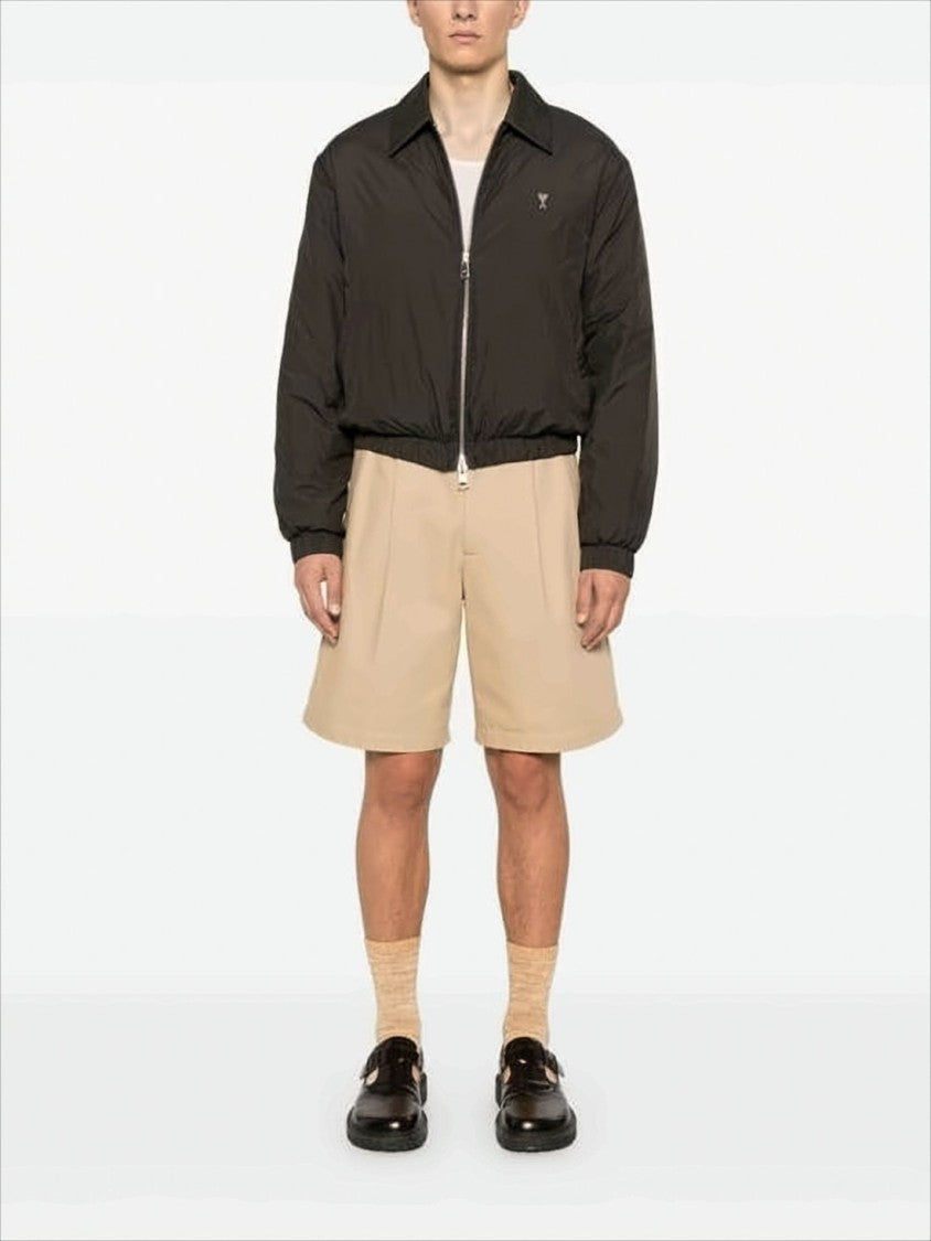 Ami Paris Cropped Black Bomber Jacket With Classic Collar And Logo Detail
