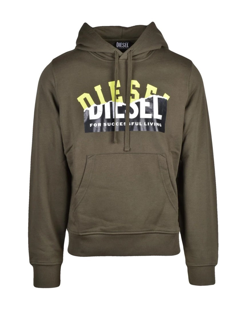 Diesel Military Green Cotton Hoodie With Graphic Print