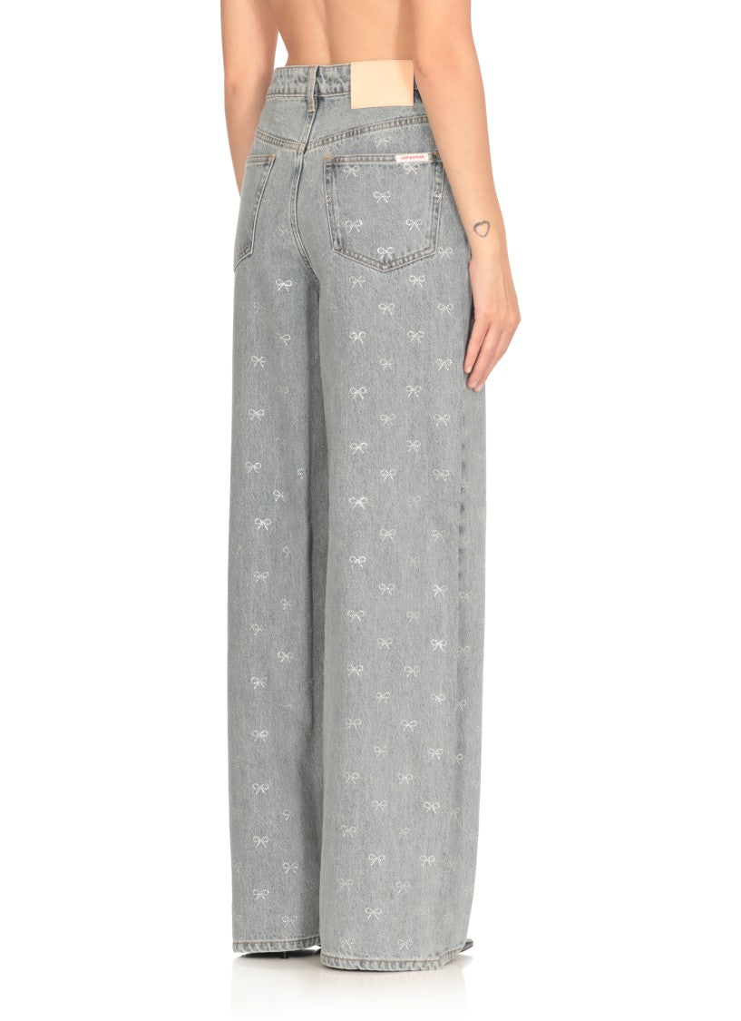 Self-Portrait Light-Blue Wide-Leg Cotton Jeans With Bow