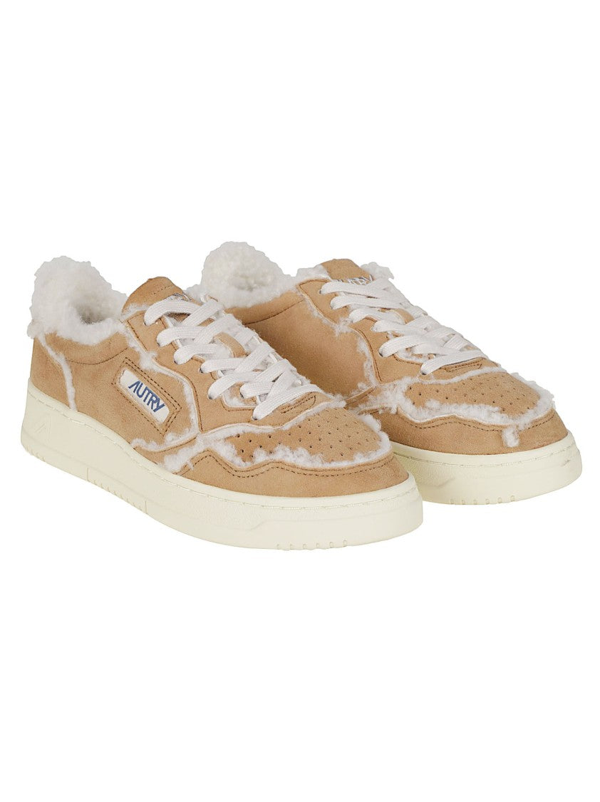 Autry Beige Medalist Low White Shearling Sheep Leather Sneakers