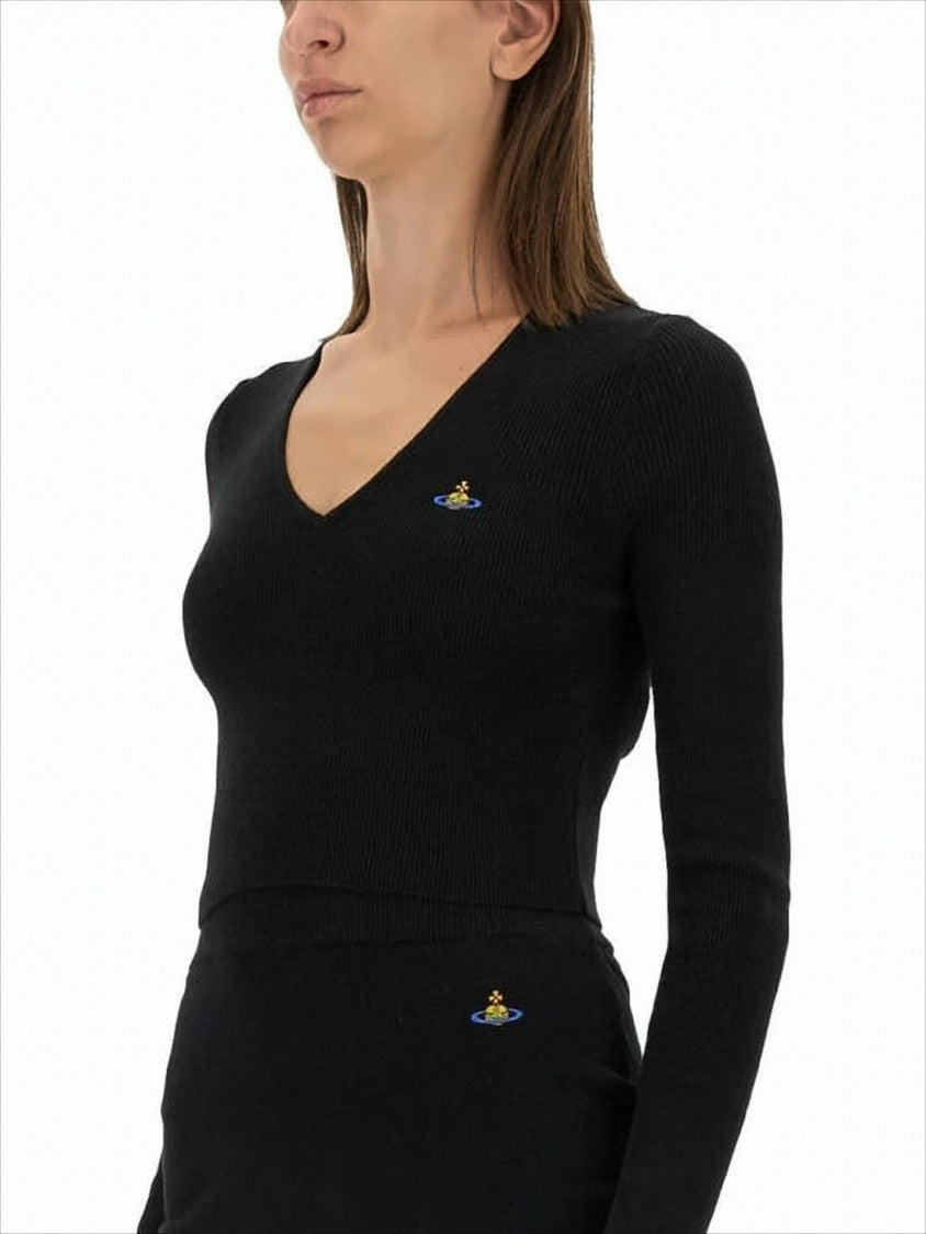 Vivienne Westwood Cropped Black Sweater With Deep V-Neckline