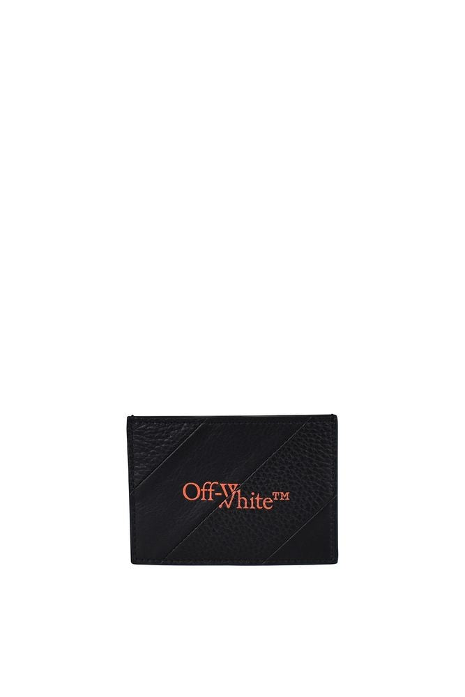 Off-White Black Leather Card Holder With Diagonal Stripes