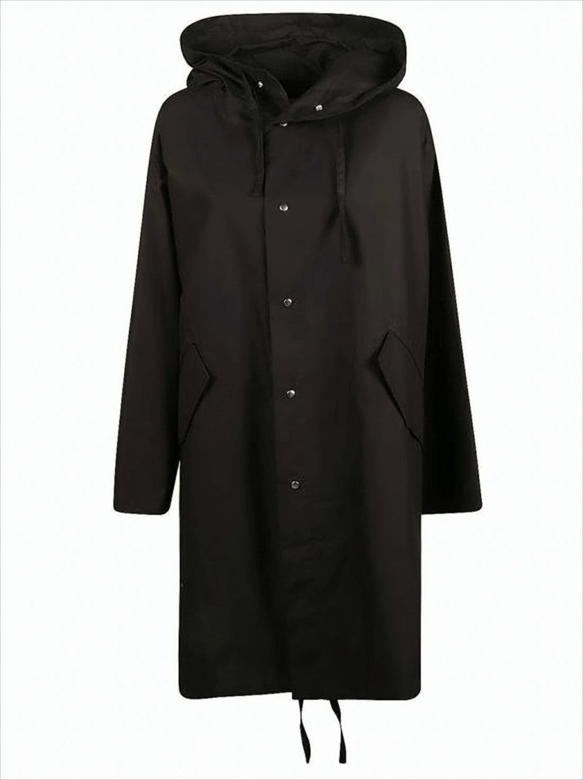 Jil Sander Hooded Black Cotton Coat With Fishtail Hem