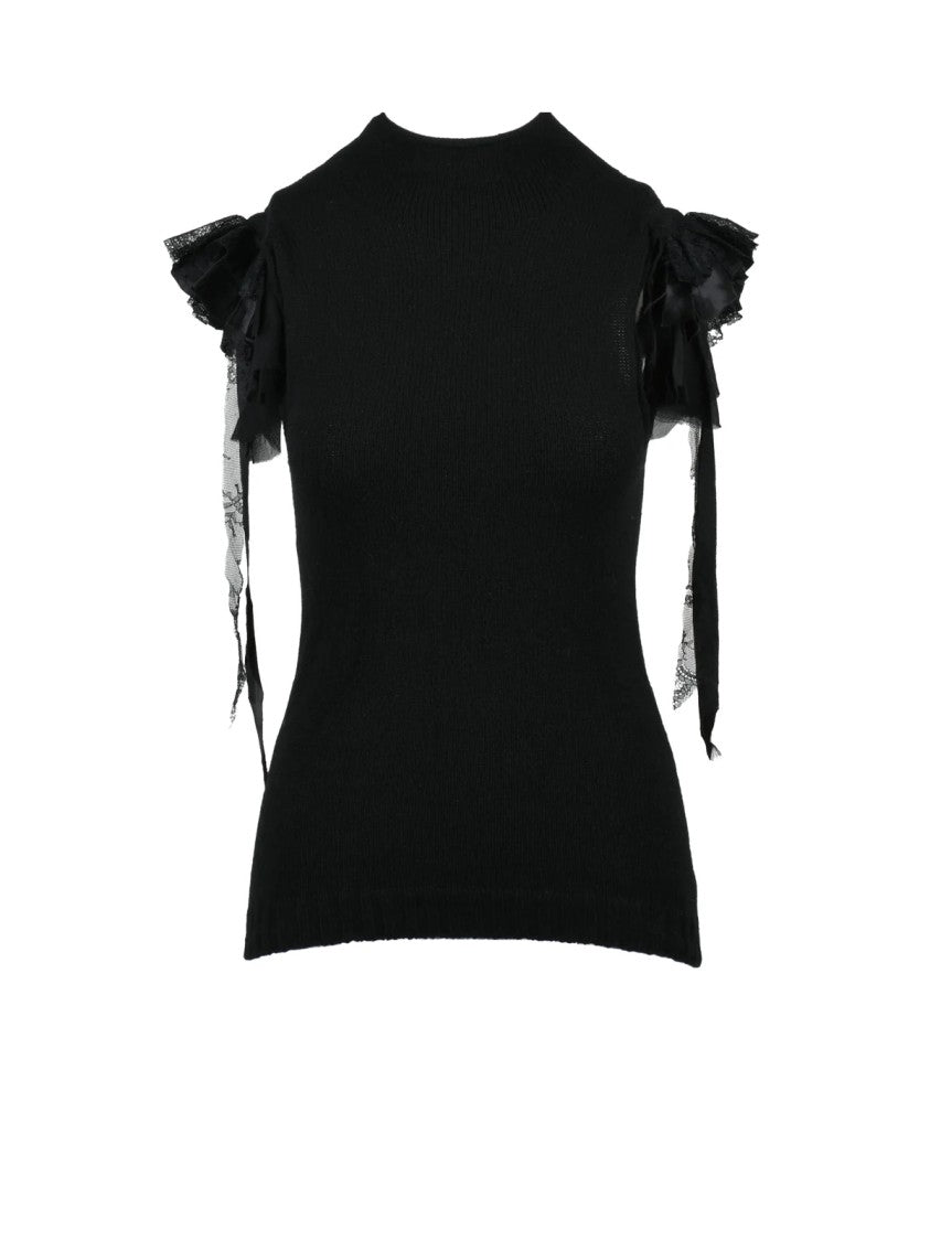 Alberta Ferretti Draped Black Vest With Romantic Ruffled Lace Details