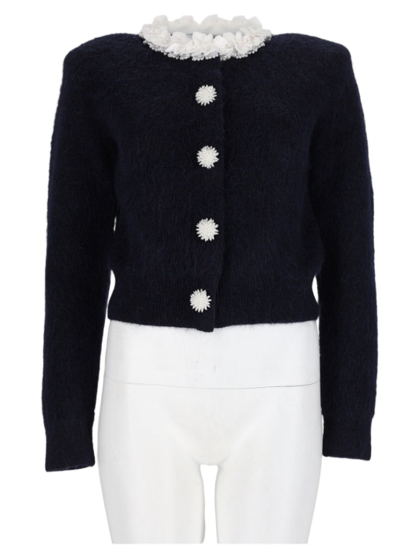 Self-Portrait Blue Cropped Fuzzy Lace-Trim Alpaca-Blend Sweater