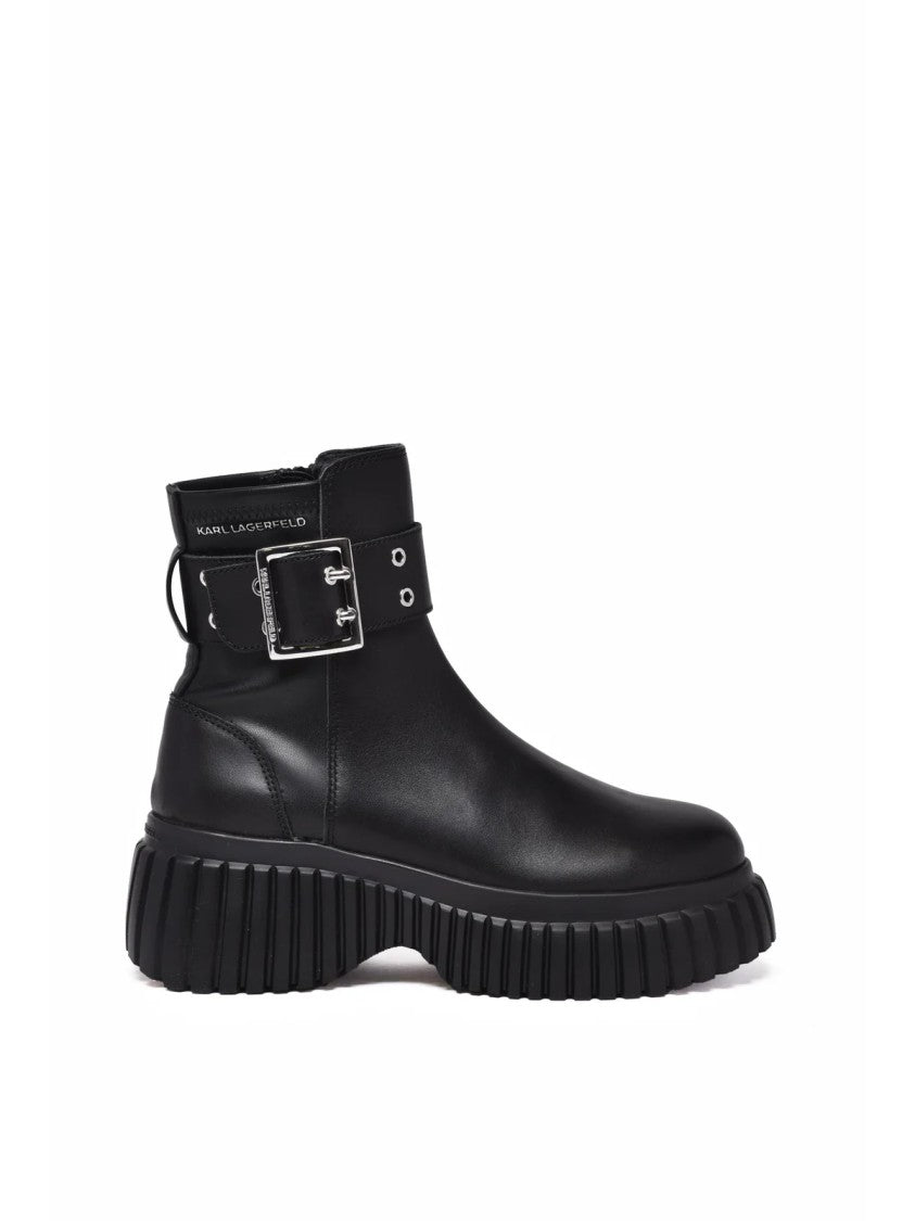 Karl Lagerfeld Black Leather Buckle Midi Boots