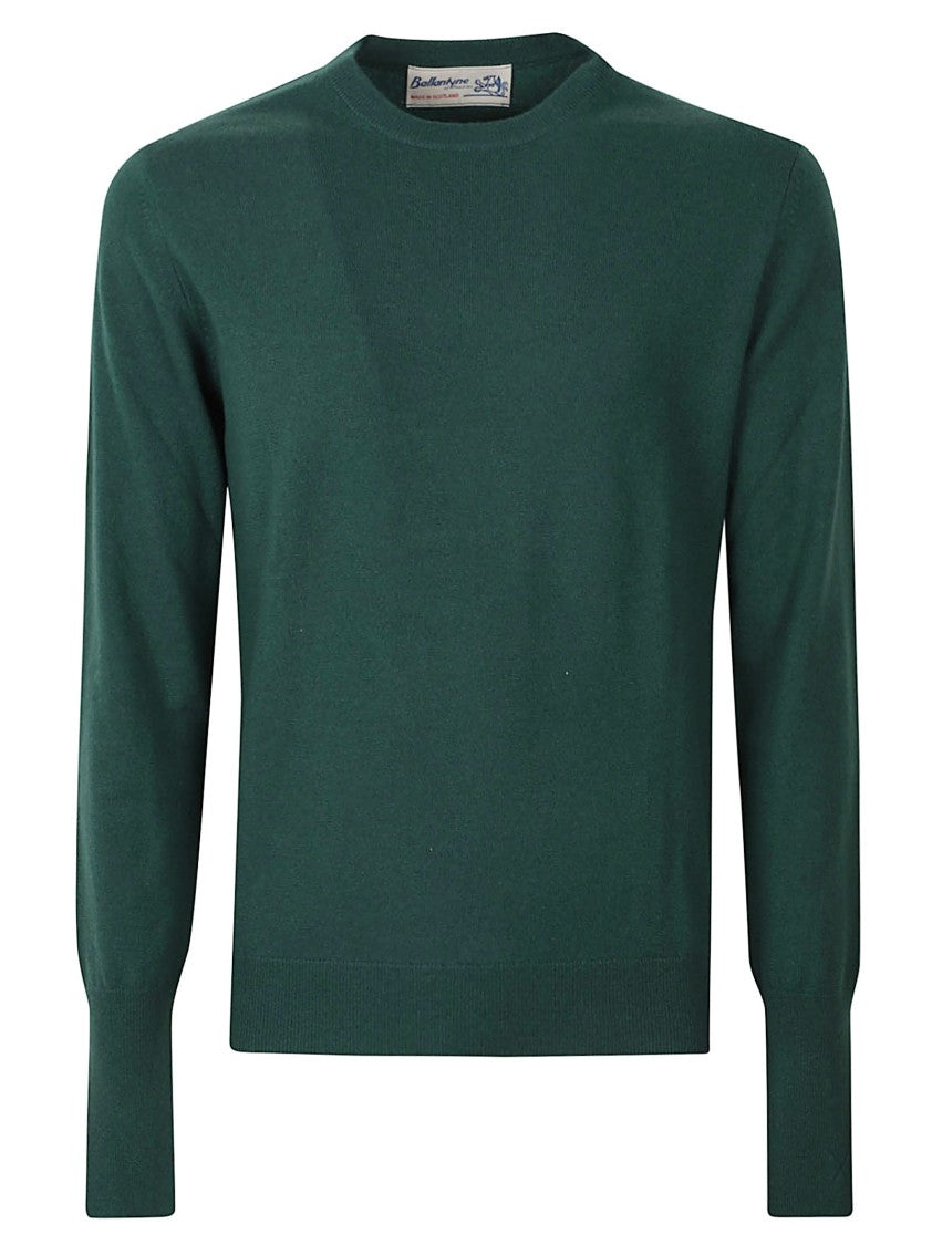 Ballantyne Deep Green Classic Crew Neck Sweater With Ribbed Finishes