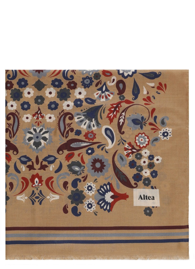 Altea Light Brown Wool-Silk Floral Scarf