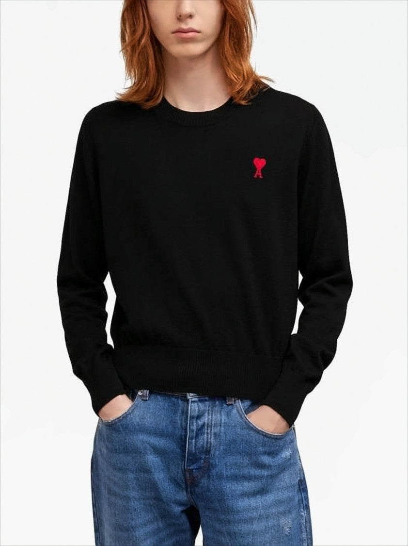 Ami Fitted Black Merino Wool Sweater With Heart Logo