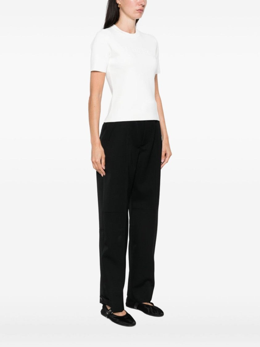 Max Mara Ribbed Knit White Short-Sleeve Top With Debossed Logo