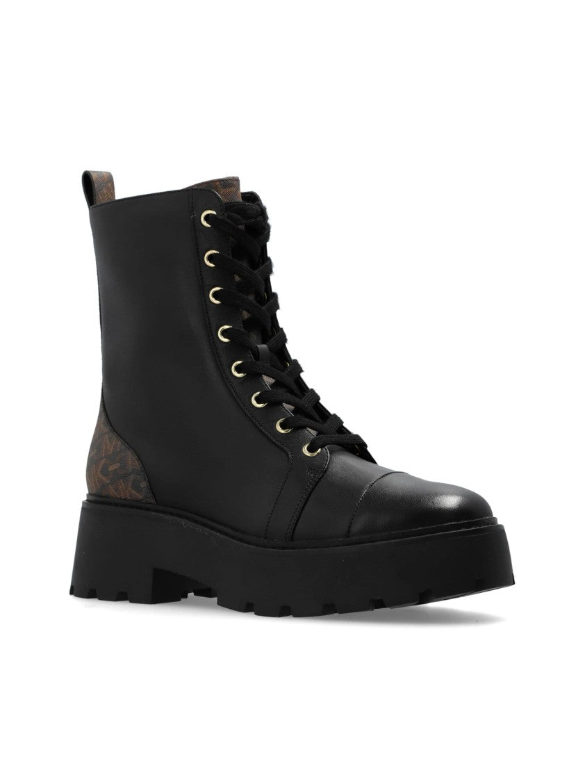 Michael Kors Lace-Up Black Leather Ankle Boots With Gold Accents