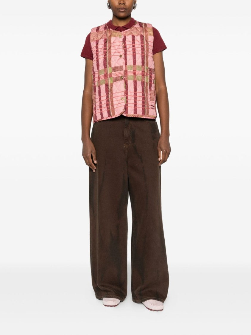 Barbour Quilted Pink And Beige Plaid Vest