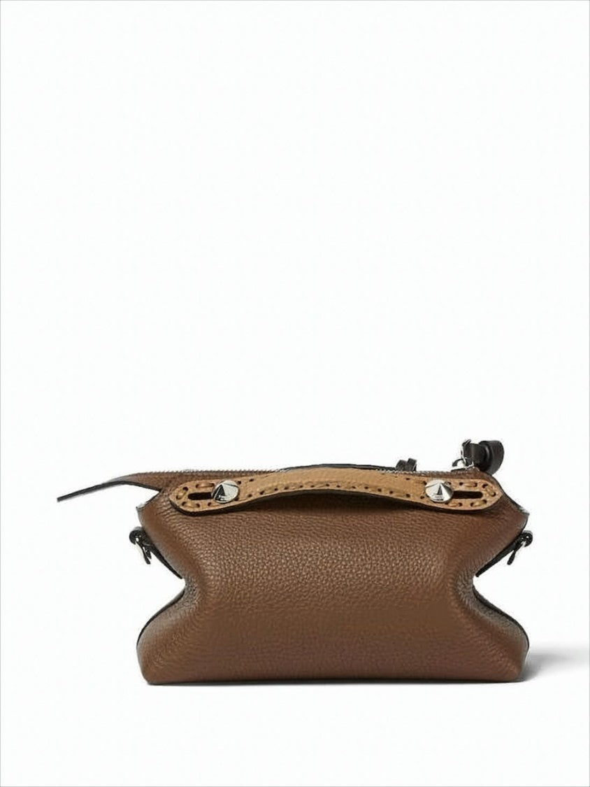 Fendi Structured Brown Calf Leather Shoulder Bag