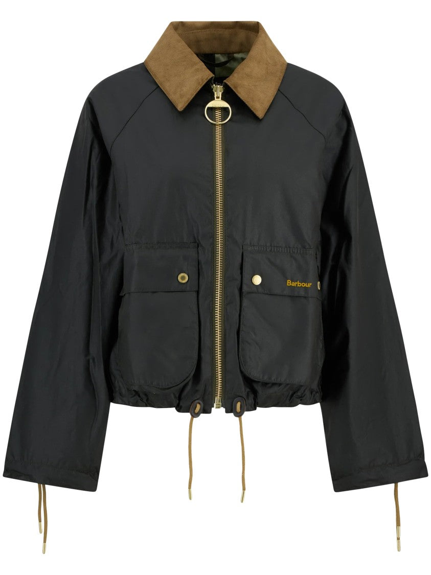 Barbour Cropped Black Waxed Jacket With Suede Collar