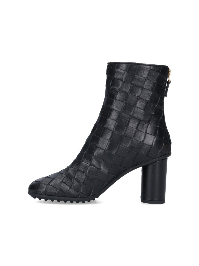 Bottega Veneta Black Braided Leather Ankle Boots With Block Heel And Rear Zip Closure