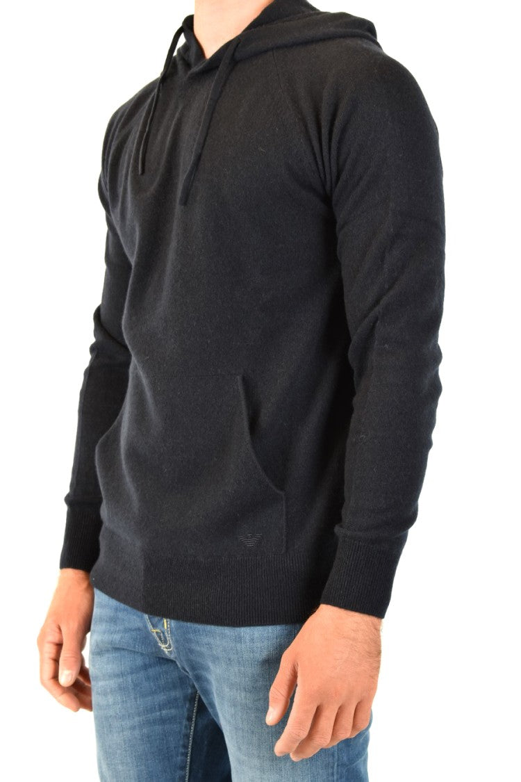 Emporio Armani Hooded Black Knitwear With Drawstrings