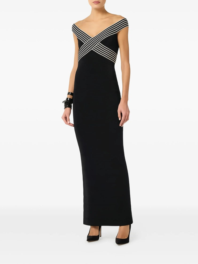 Elisabetta Franchi Off-The-Shoulder Striped Band Black Midi Dress