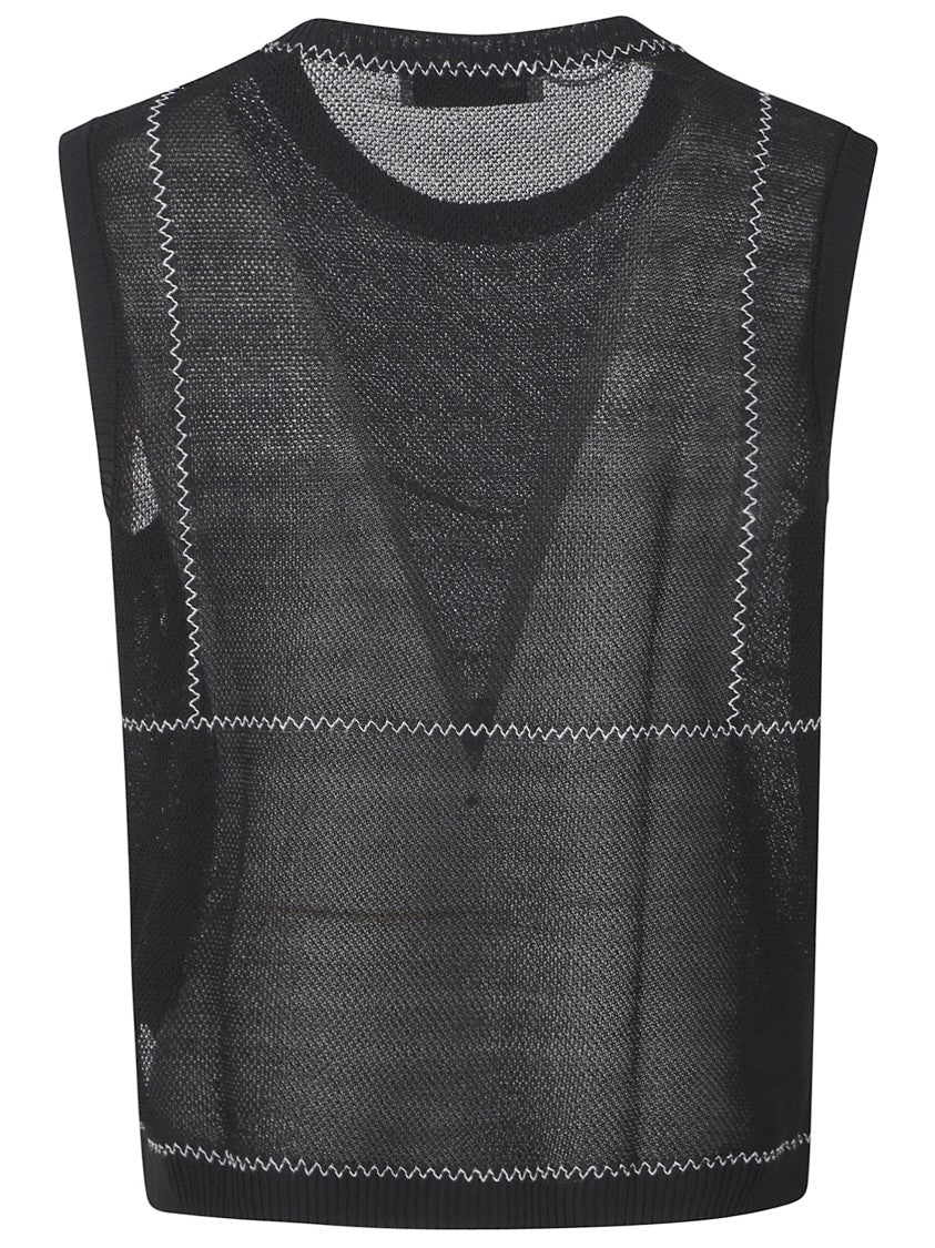 Tory Burch Sheer Black Mesh Top With Contrast Zigzag Stitching