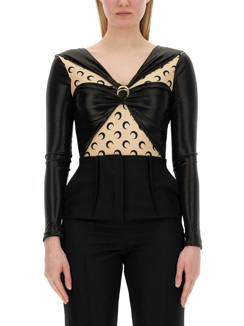 Marine Serre Draped Bodysuit With Glossy Black Fabric