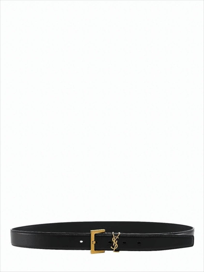Saint Laurent Slim Black Calf Leather Belt With Gold-Tone Buckle