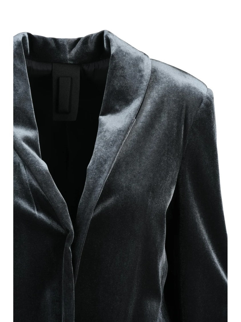 Black 961 Velvet Stretch Jacket With Open Front Design And Structured Collar