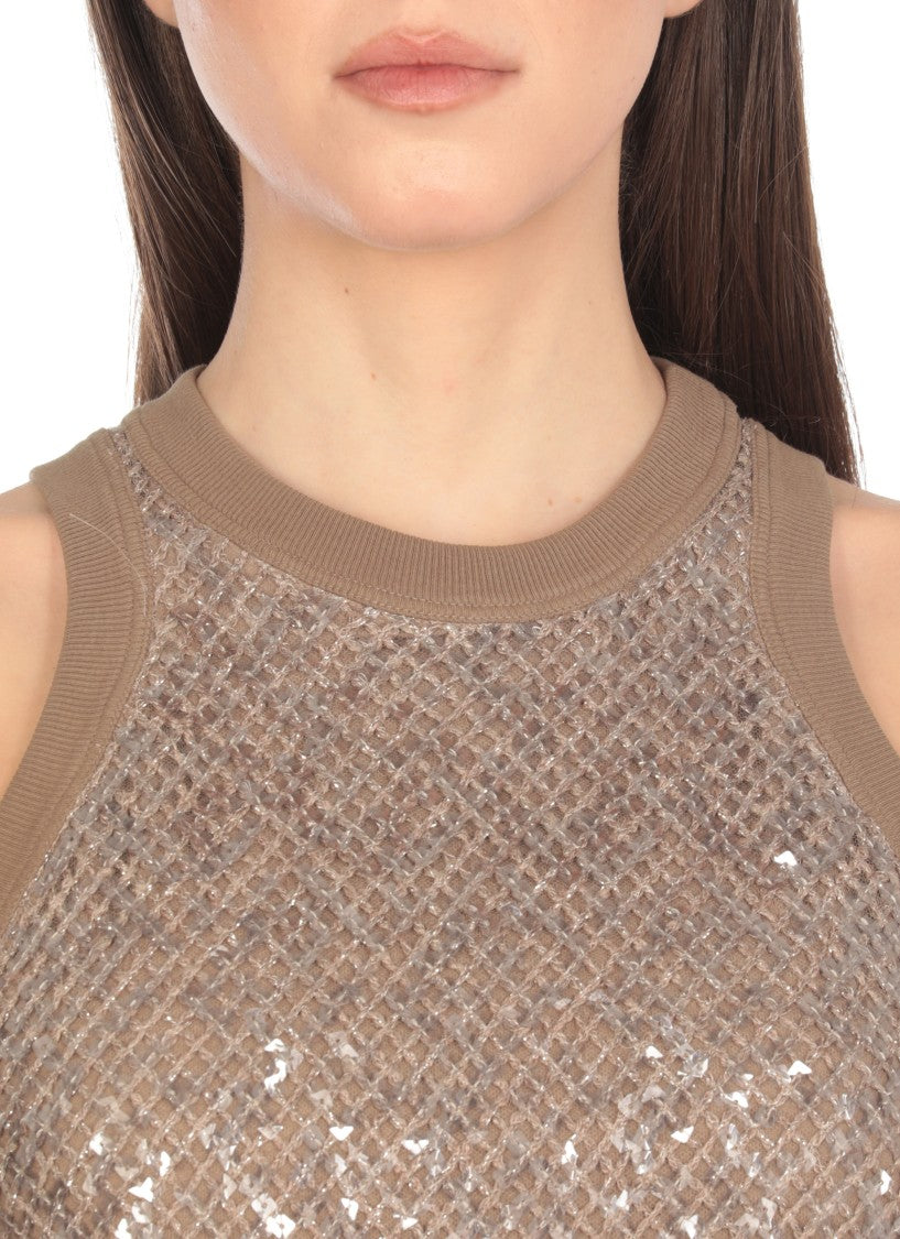 Brunello Cucinelli Sleeveless Cotton Top With Sequins Accents
