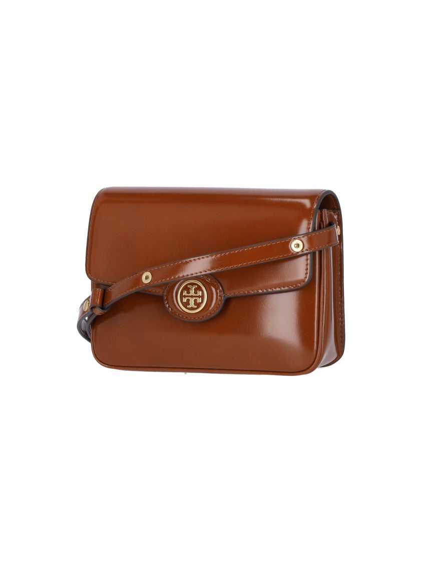 Tory Burch Glossy Brown Leather Shoulder Bag With Signature Emblem