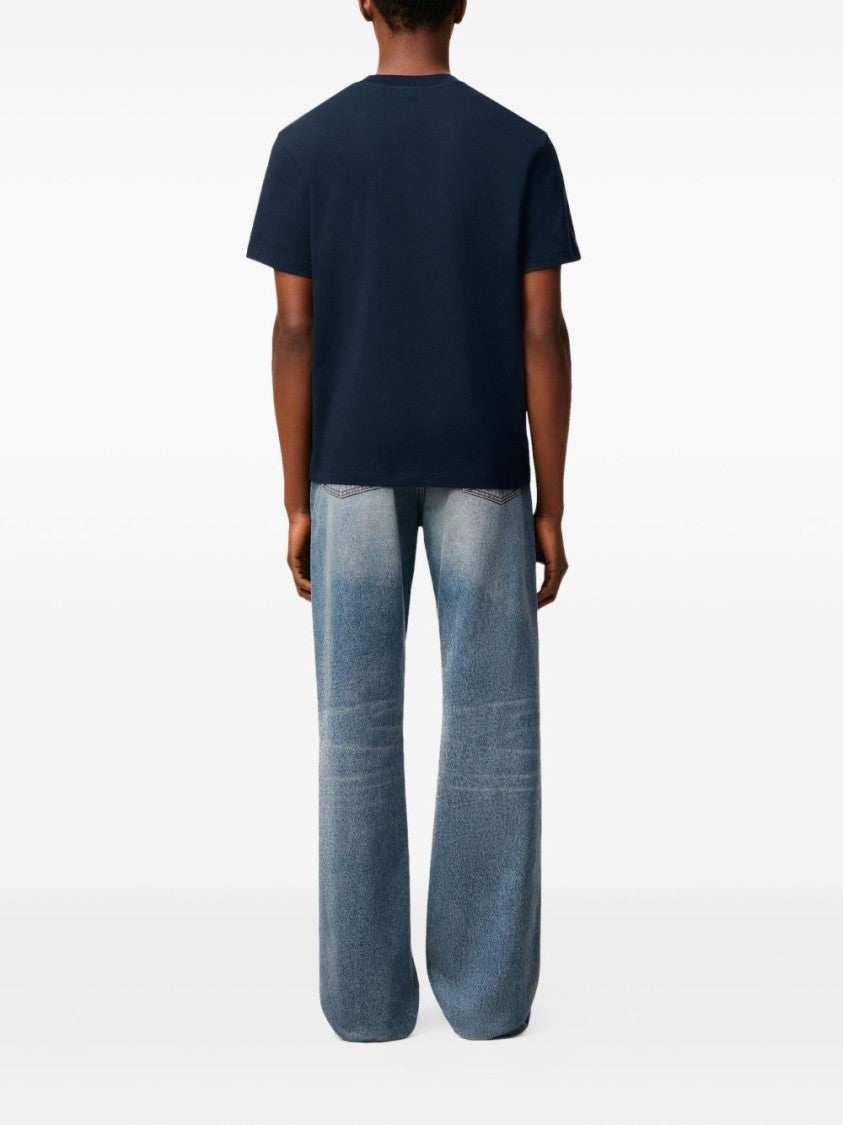 Ami Paris Navy Blue Organic Cotton T-Shirt With Embroidered Logos