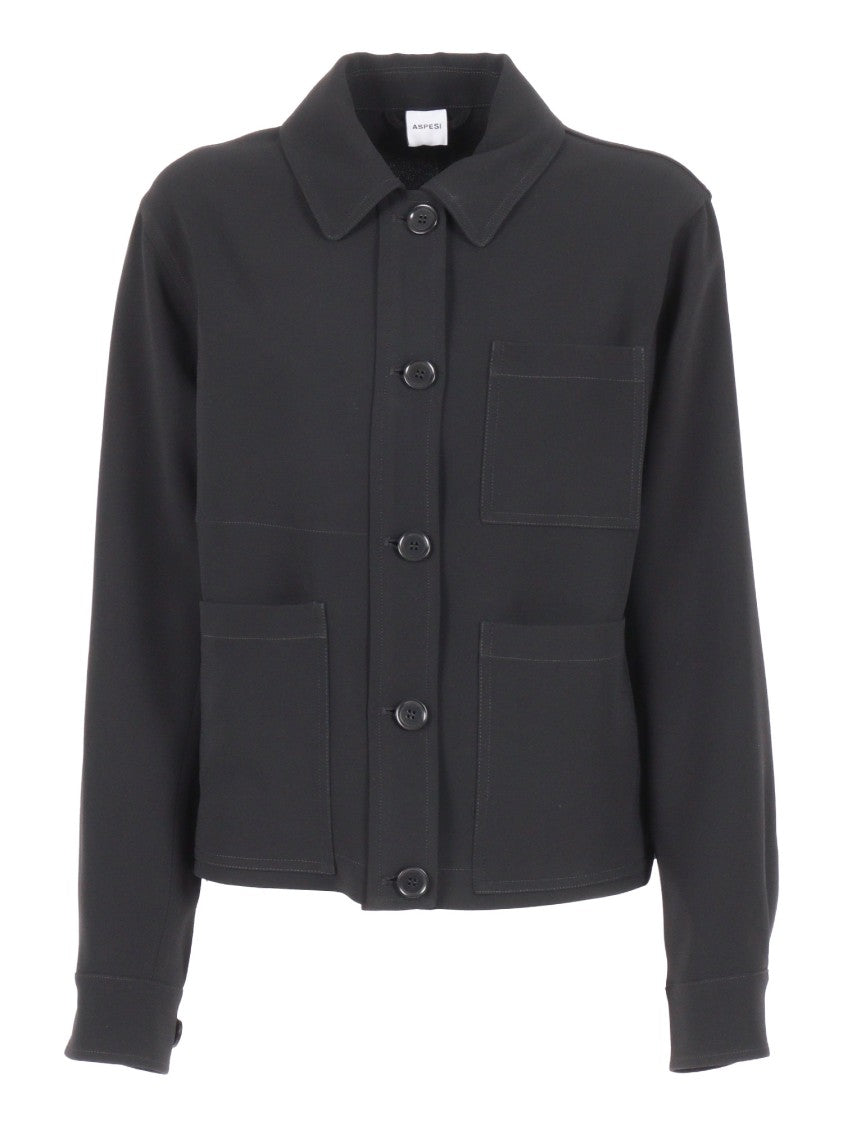 Aspesi Cropped Black Jacket With Classic Collar