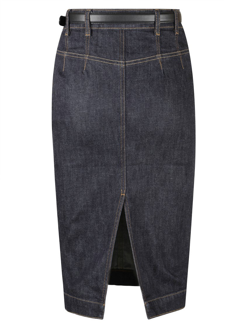 Self-Portrait High-Waisted Denim Midi Skirt With Front Pockets And Belt