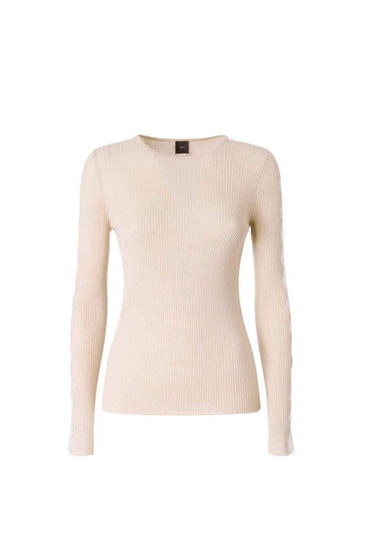 Pinko Beige Wool-Cashmere Blend Ribbed Crew-Neck Sweater