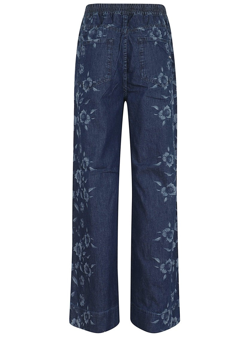 Pinko Light Denim Trousers With Floral Motif And High-Waisted Design
