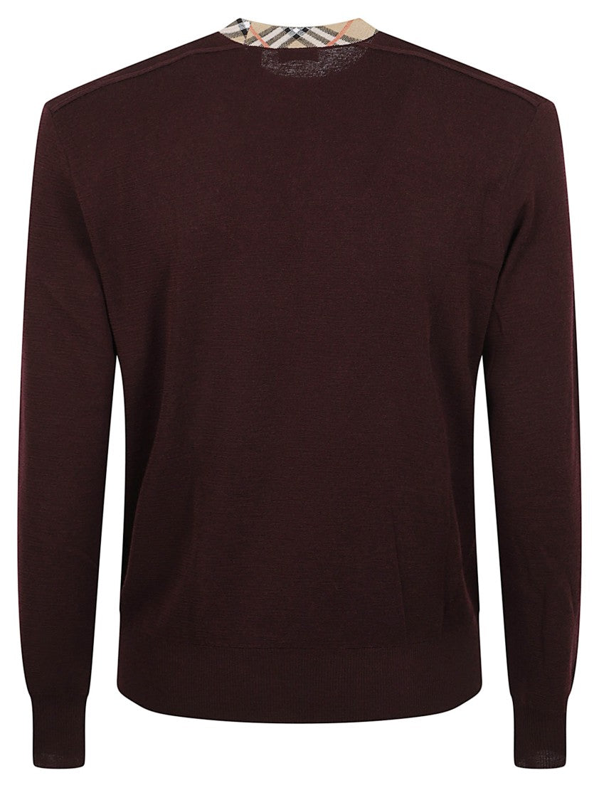 Burberry Burgundy Wool Sweater With Iconic Check